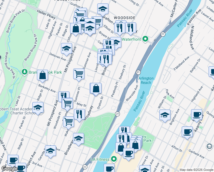 map of restaurants, bars, coffee shops, grocery stores, and more near 85 Oraton Street in Newark