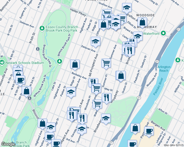map of restaurants, bars, coffee shops, grocery stores, and more near 491 Mount Prospect Avenue in Newark