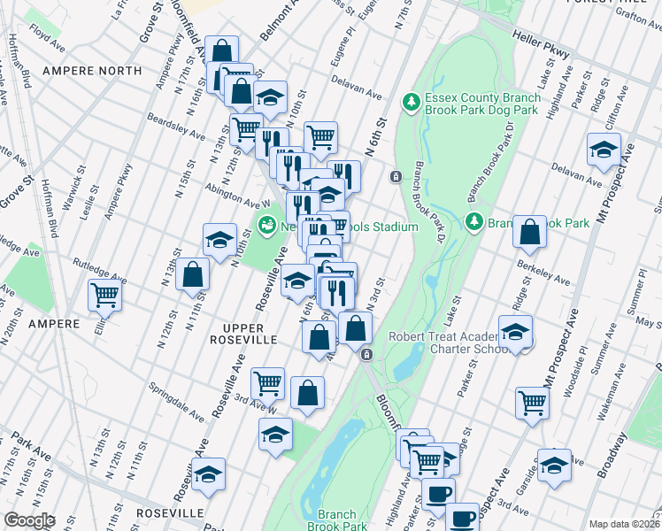 map of restaurants, bars, coffee shops, grocery stores, and more near 588 North 5th Street in Newark