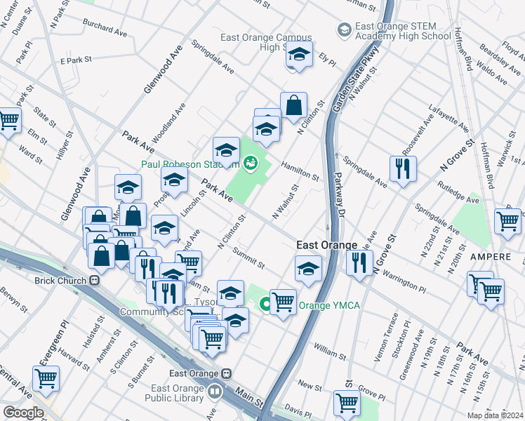 map of restaurants, bars, coffee shops, grocery stores, and more near 413 Park Avenue in East Orange