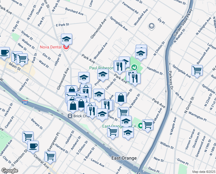 map of restaurants, bars, coffee shops, grocery stores, and more near 100 Lincoln Street in East Orange