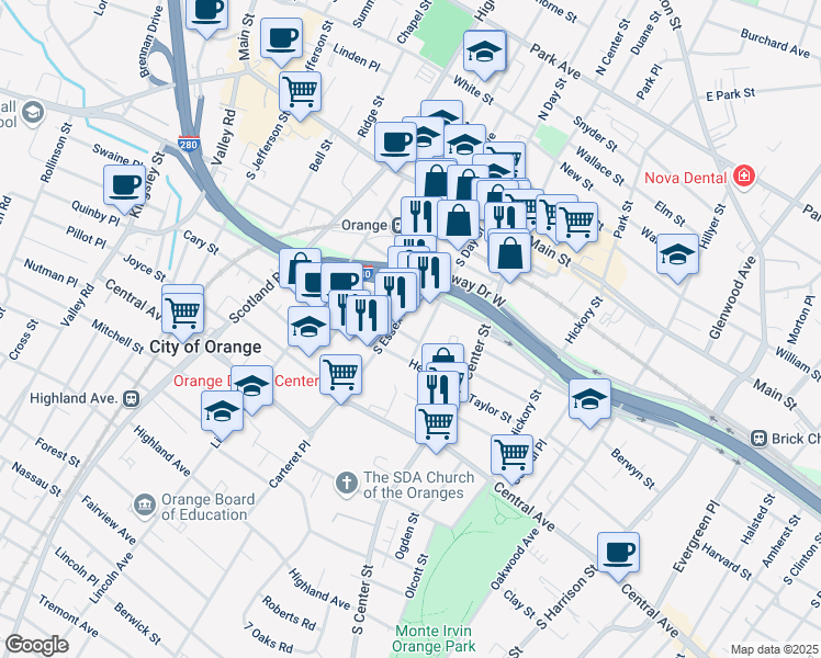 map of restaurants, bars, coffee shops, grocery stores, and more near in City of Orange
