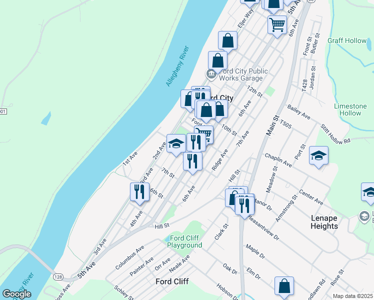 map of restaurants, bars, coffee shops, grocery stores, and more near 718 4th Avenue in Ford City