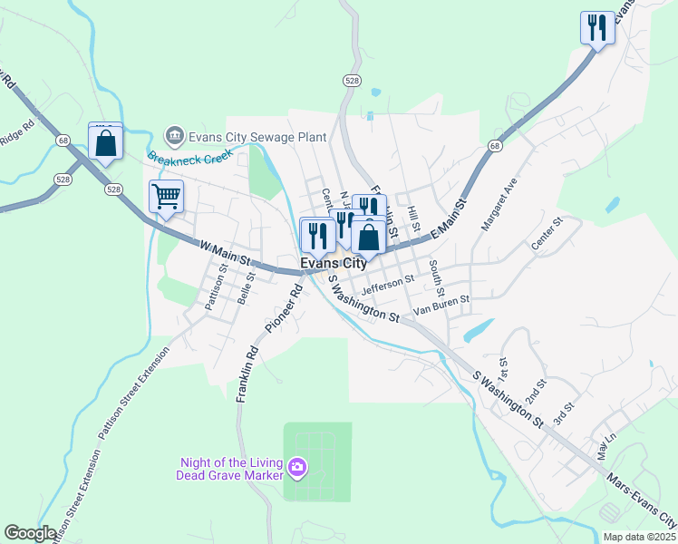 map of restaurants, bars, coffee shops, grocery stores, and more near in Evans City