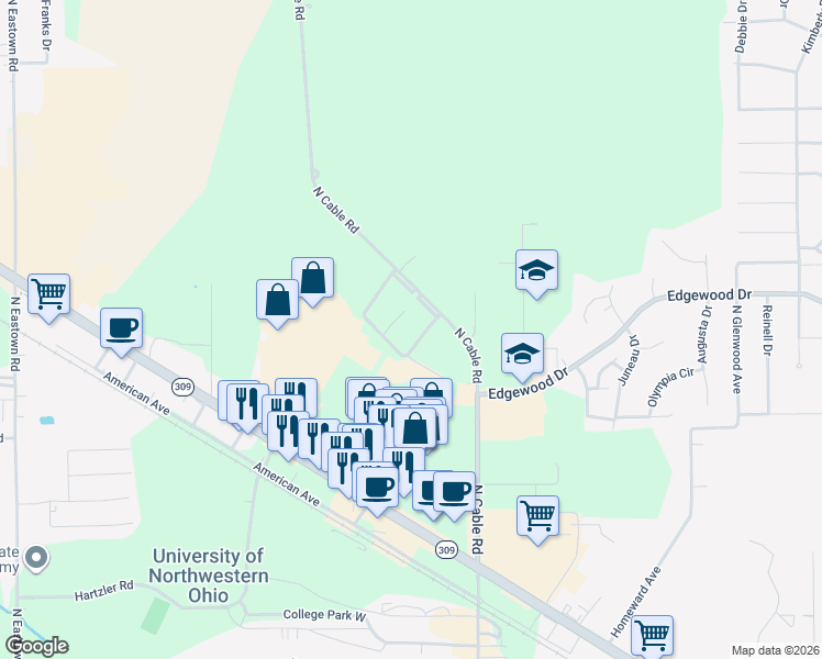 map of restaurants, bars, coffee shops, grocery stores, and more near 2275 North Cable Road in Lima