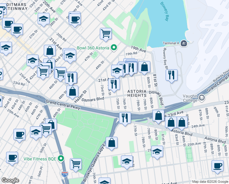 map of restaurants, bars, coffee shops, grocery stores, and more near 74-19 Ditmars Boulevard in Queens