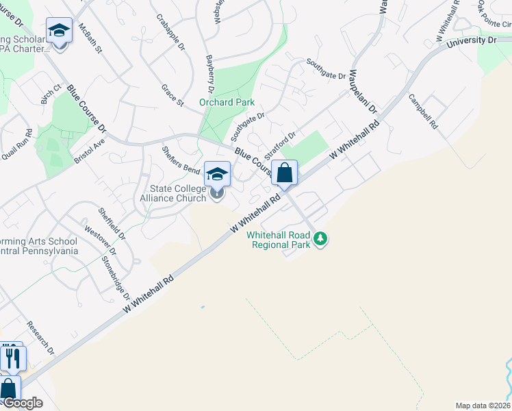 map of restaurants, bars, coffee shops, grocery stores, and more near 933B West Whitehall Road in State College