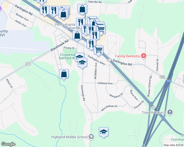 map of restaurants, bars, coffee shops, grocery stores, and more near 616 Shenango Road in Beaver Falls