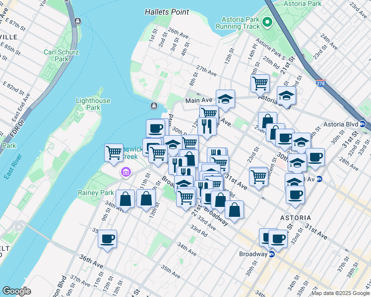 map of restaurants, bars, coffee shops, grocery stores, and more near 12-04 31st Avenue in Queens