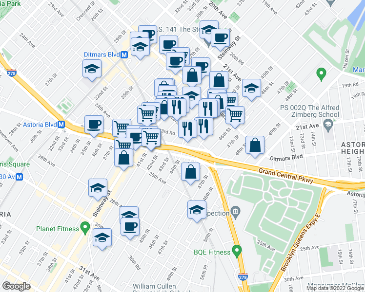 map of restaurants, bars, coffee shops, grocery stores, and more near Astoria Blvd N & 44th St in Queens
