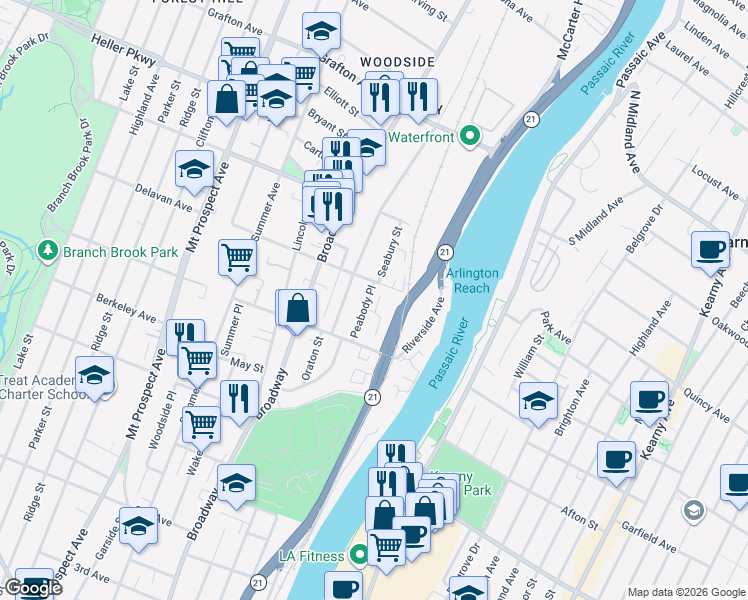 map of restaurants, bars, coffee shops, grocery stores, and more near 33 Triton Terrace in Newark