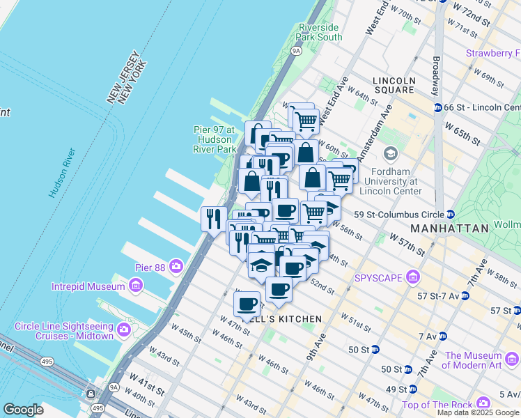 map of restaurants, bars, coffee shops, grocery stores, and more near 594 West 54th Street in New York