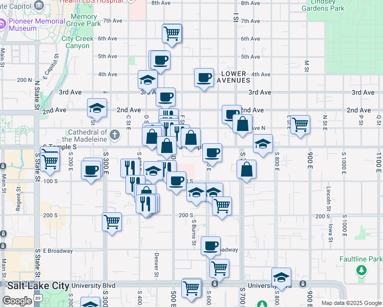 map of restaurants, bars, coffee shops, grocery stores, and more near 550 East South Temple in Salt Lake City