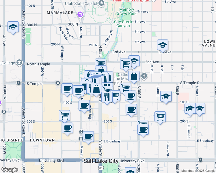 map of restaurants, bars, coffee shops, grocery stores, and more near 156-160 East South Temple Street in Salt Lake City