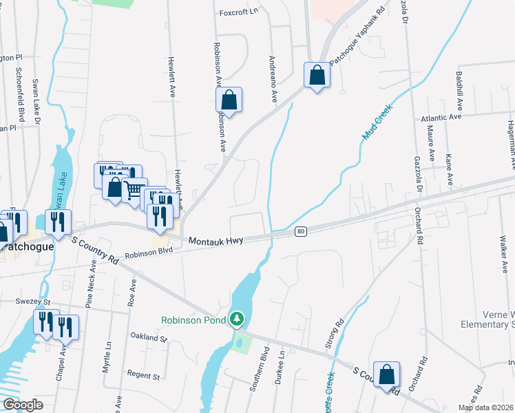 map of restaurants, bars, coffee shops, grocery stores, and more near 41 Orchid Road in East Patchogue