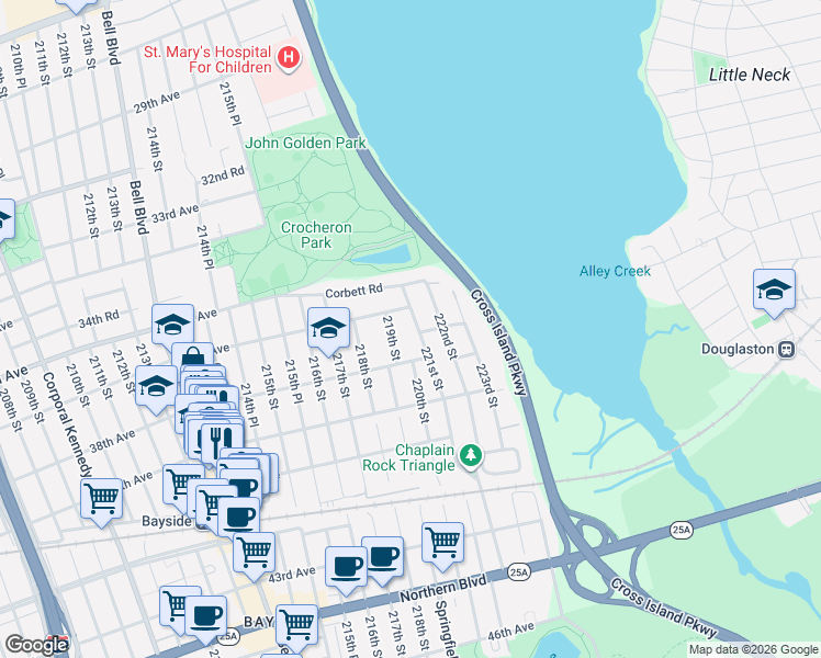 map of restaurants, bars, coffee shops, grocery stores, and more near 37-08 221st Street in Queens