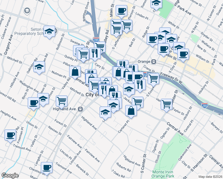 map of restaurants, bars, coffee shops, grocery stores, and more near 461 Central Avenue in City of Orange