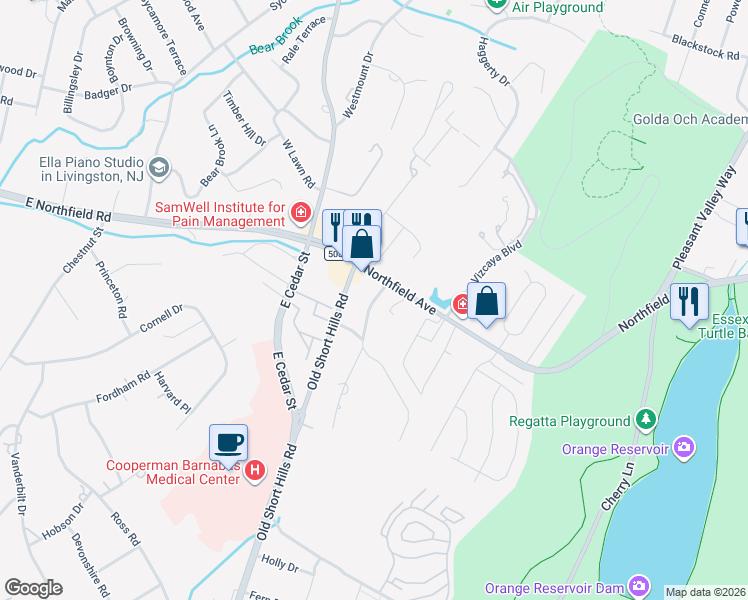 map of restaurants, bars, coffee shops, grocery stores, and more near 776 Northfield Avenue in West Orange