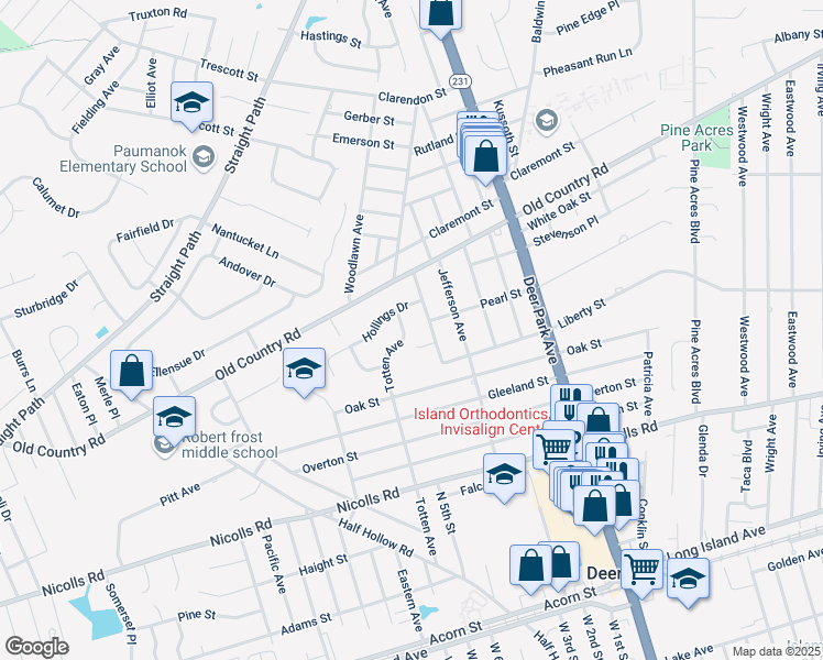 map of restaurants, bars, coffee shops, grocery stores, and more near 127 Totten Avenue in Deer Park