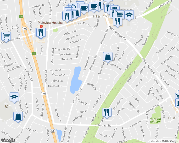 map of restaurants, bars, coffee shops, grocery stores, and more near 596 Plainview Road in Plainview