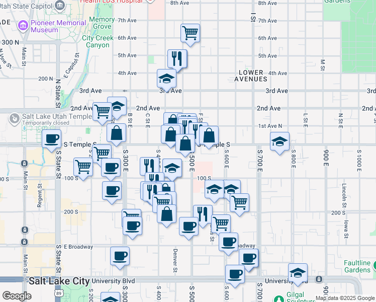 map of restaurants, bars, coffee shops, grocery stores, and more near 480 East South Temple Street in Salt Lake City