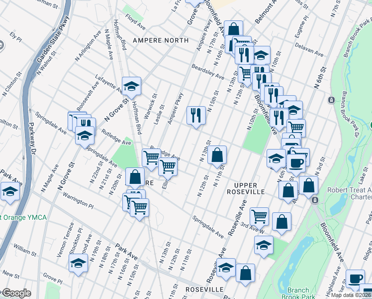 map of restaurants, bars, coffee shops, grocery stores, and more near 81 Ellington Street in East Orange