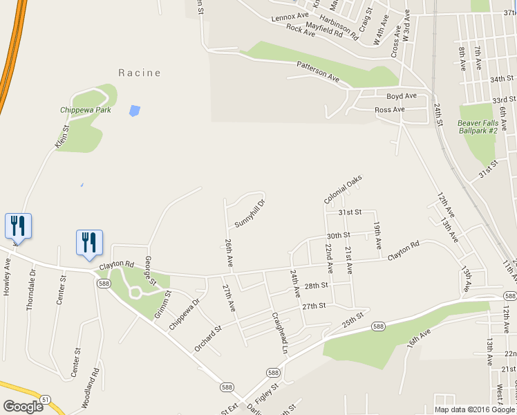 map of restaurants, bars, coffee shops, grocery stores, and more near 77 Sunnyhill Drive in Beaver Falls