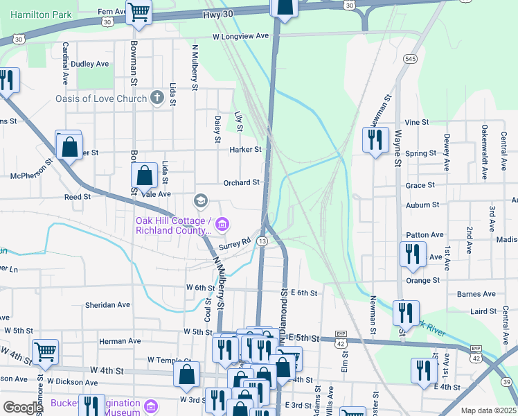 map of restaurants, bars, coffee shops, grocery stores, and more near 375 North Main Street in Mansfield