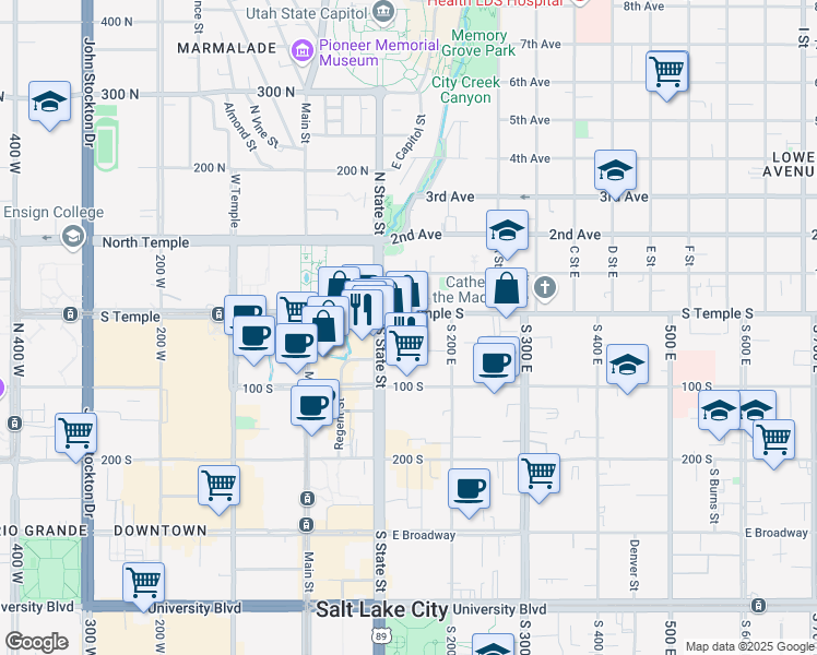 map of restaurants, bars, coffee shops, grocery stores, and more near 156-160 East South Temple Street in Salt Lake City