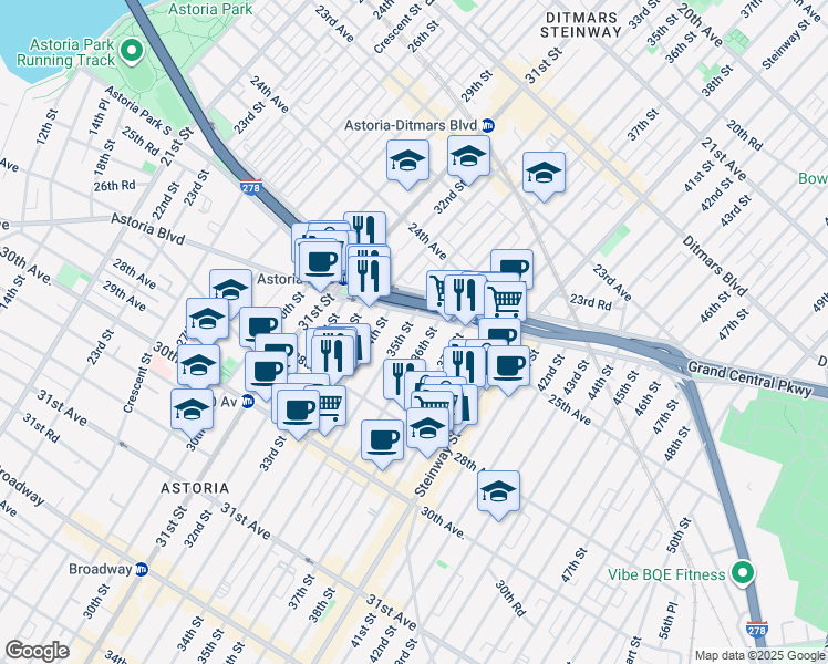 map of restaurants, bars, coffee shops, grocery stores, and more near 25-15 35th Street in Queens