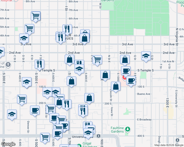map of restaurants, bars, coffee shops, grocery stores, and more near 838 East South Temple Street in Salt Lake City