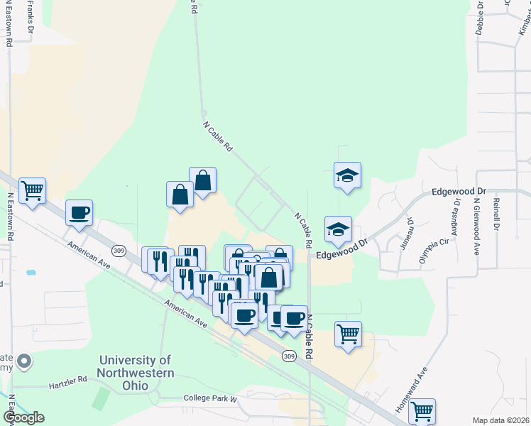 map of restaurants, bars, coffee shops, grocery stores, and more near 2275 North Cable Road in Lima