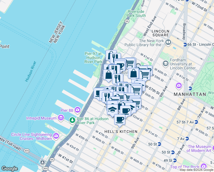 map of restaurants, bars, coffee shops, grocery stores, and more near 619 West 54th Street in New York