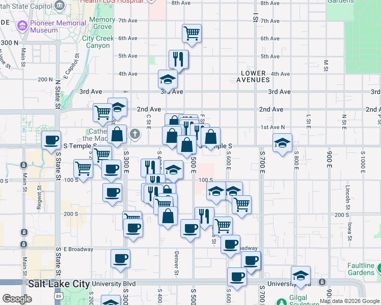 map of restaurants, bars, coffee shops, grocery stores, and more near 34 500 East in Salt Lake City