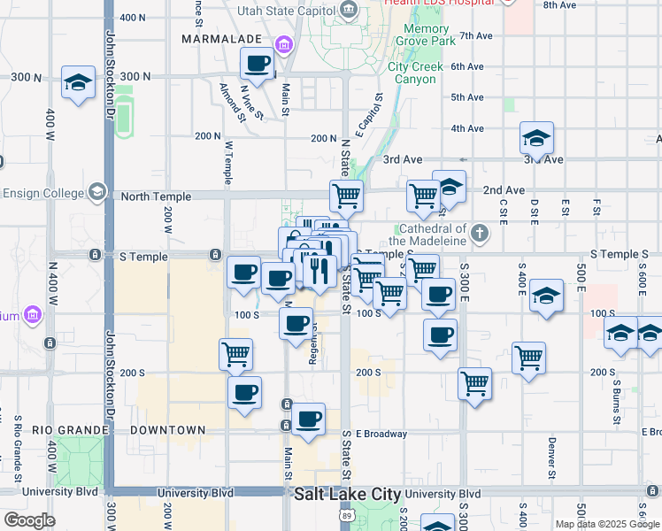 map of restaurants, bars, coffee shops, grocery stores, and more near 60 East South Temple in Salt Lake City