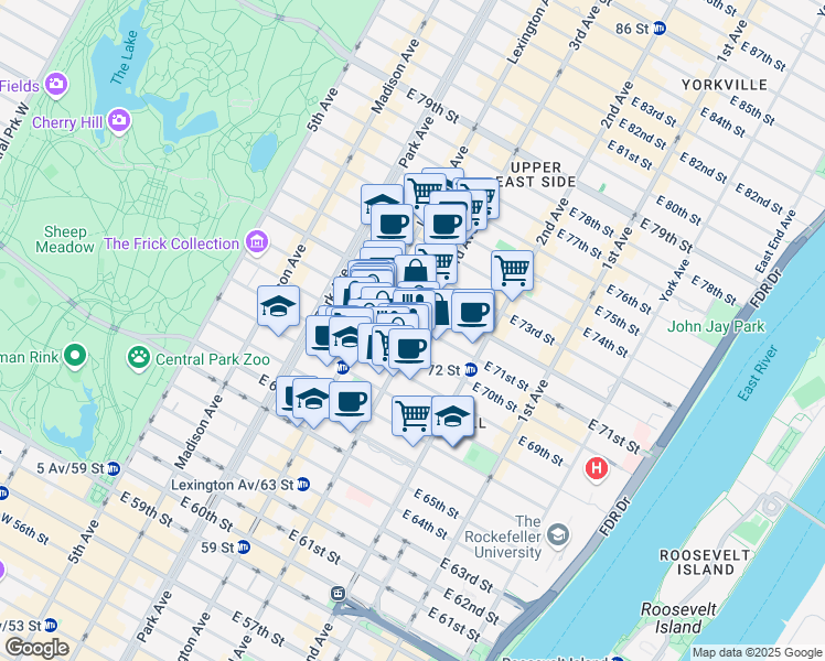 map of restaurants, bars, coffee shops, grocery stores, and more near 190 East 71st Street in New York