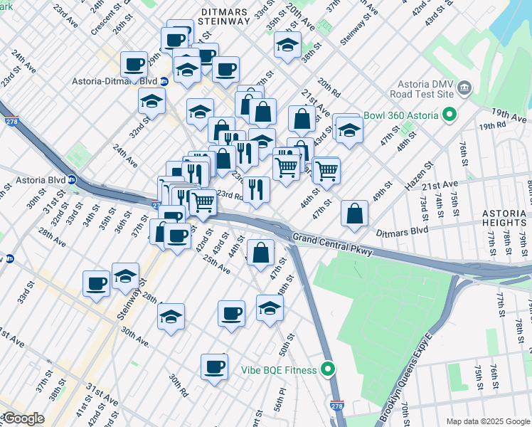 map of restaurants, bars, coffee shops, grocery stores, and more near 43-21 Astoria Boulevard South in Queens