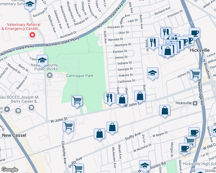 map of restaurants, bars, coffee shops, grocery stores, and more near 33 Kuhl Avenue in Hicksville