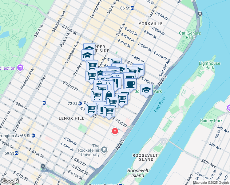 map of restaurants, bars, coffee shops, grocery stores, and more near 409 East 74th Street in New York
