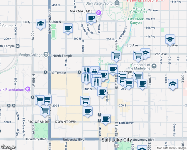 map of restaurants, bars, coffee shops, grocery stores, and more near 45-55 West South Temple Street in Salt Lake City
