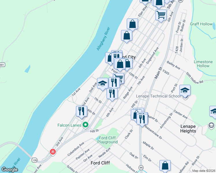 map of restaurants, bars, coffee shops, grocery stores, and more near 718 4th Avenue in Ford City