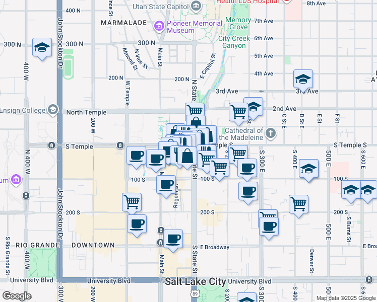map of restaurants, bars, coffee shops, grocery stores, and more near 14 South State Street in Salt Lake City
