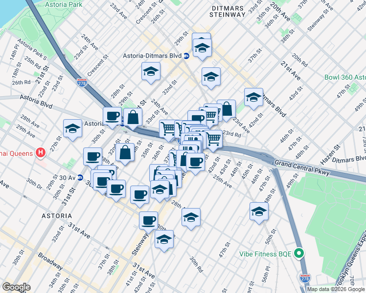 map of restaurants, bars, coffee shops, grocery stores, and more near 2512 Steinway Street in Queens
