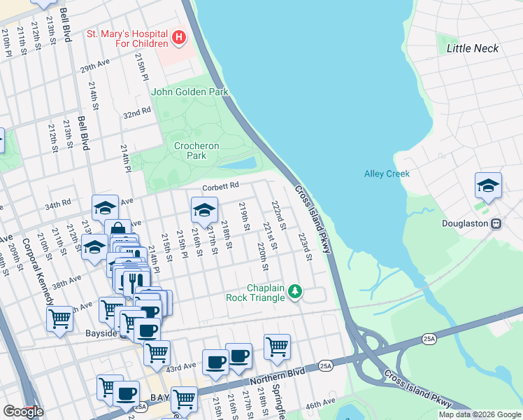 map of restaurants, bars, coffee shops, grocery stores, and more near 37-08 221st Street in Queens