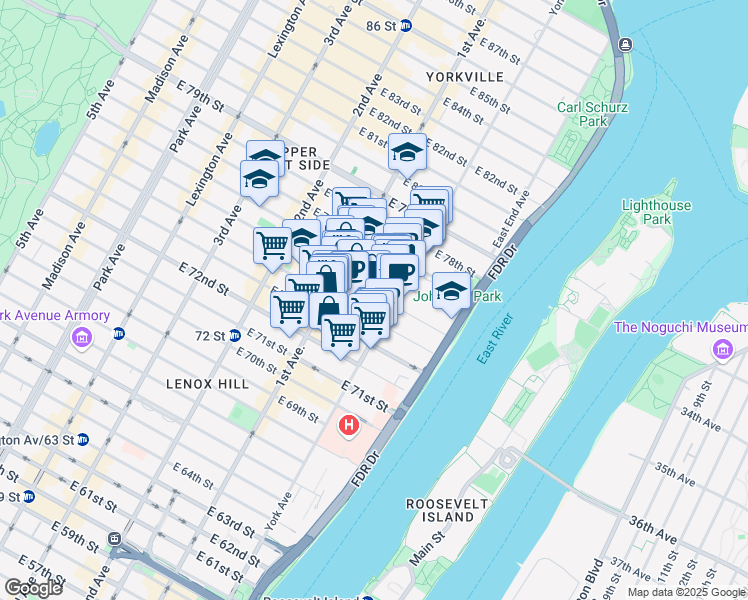 map of restaurants, bars, coffee shops, grocery stores, and more near 438 East 75th Street in New York