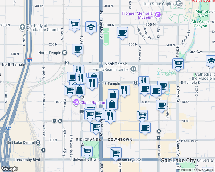 map of restaurants, bars, coffee shops, grocery stores, and more near 265w South Temple in Salt Lake City