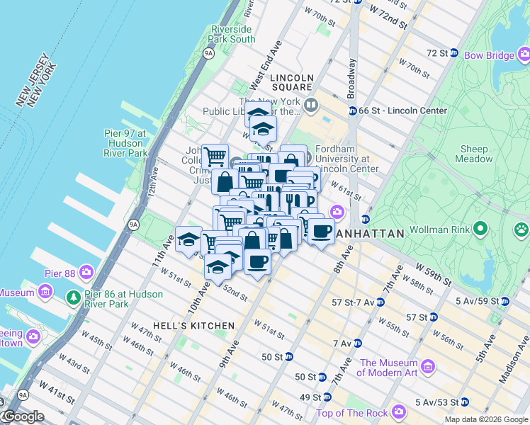 map of restaurants, bars, coffee shops, grocery stores, and more near 457 West 57th Street in New York