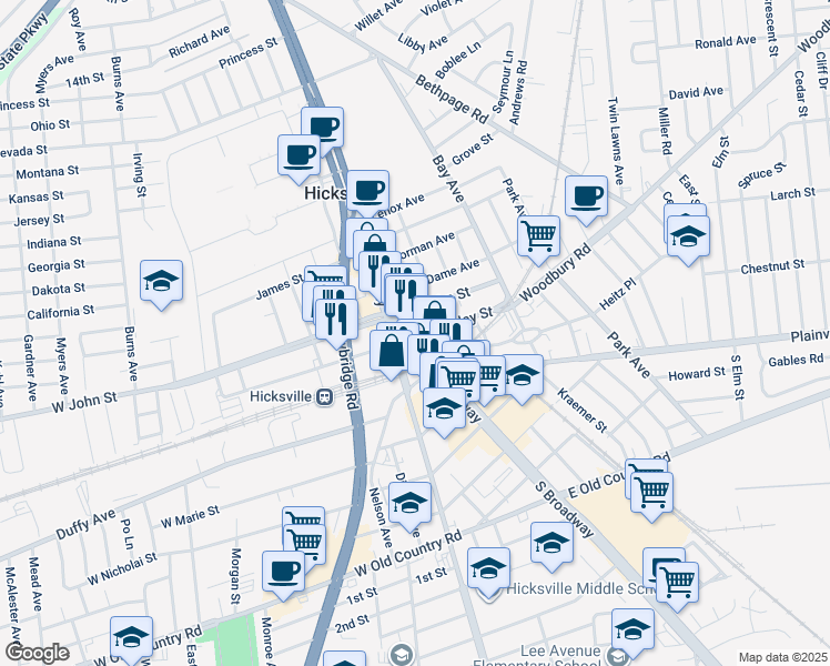 map of restaurants, bars, coffee shops, grocery stores, and more near in Hicksville