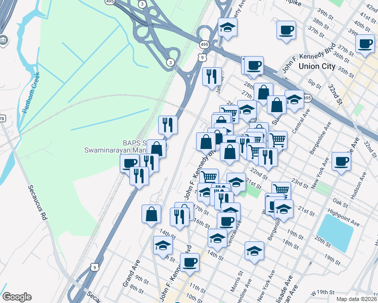 map of restaurants, bars, coffee shops, grocery stores, and more near 2004 Grand Avenue in North Bergen