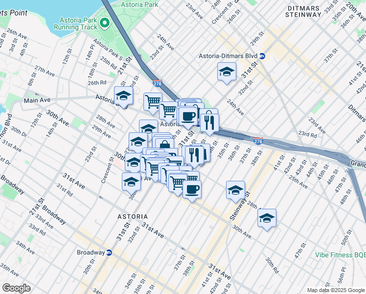 map of restaurants, bars, coffee shops, grocery stores, and more near 25-55 32nd Street in Queens